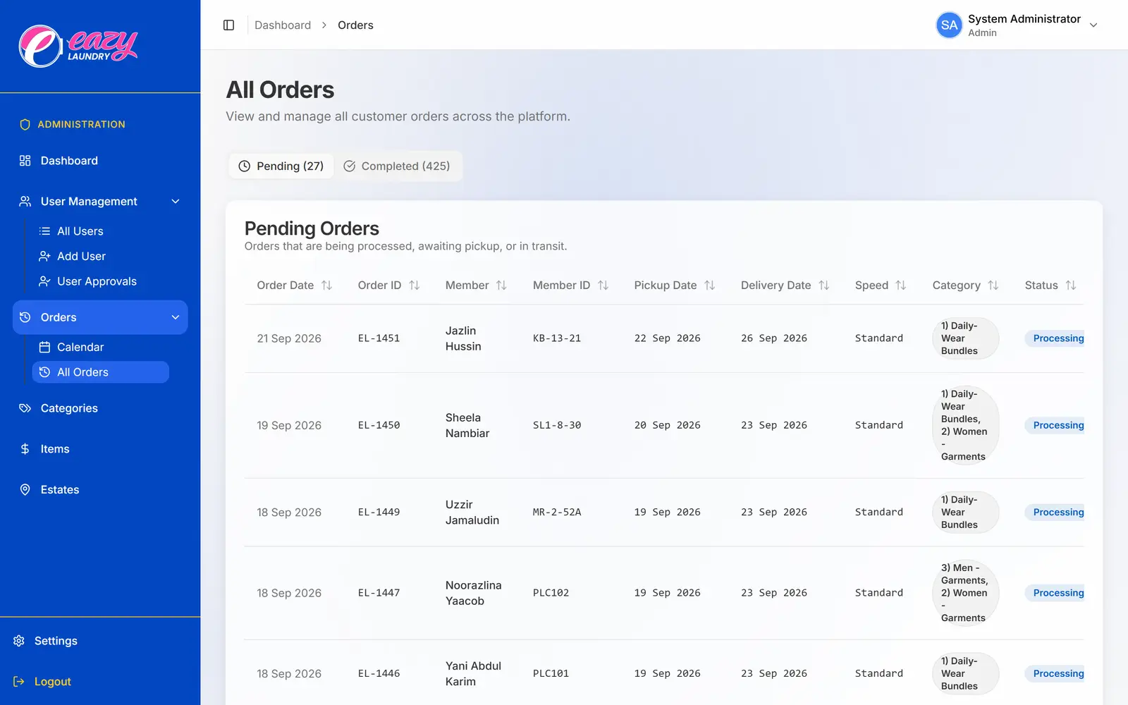 EazyLaundry list of pending member orders